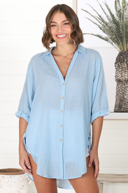 Beachly Shirt - Folded Collar Button Down Relaxed Shirt In Light Blue