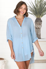 Beachly Shirt - Folded Collar Button Down Relaxed Shirt In Light Blue