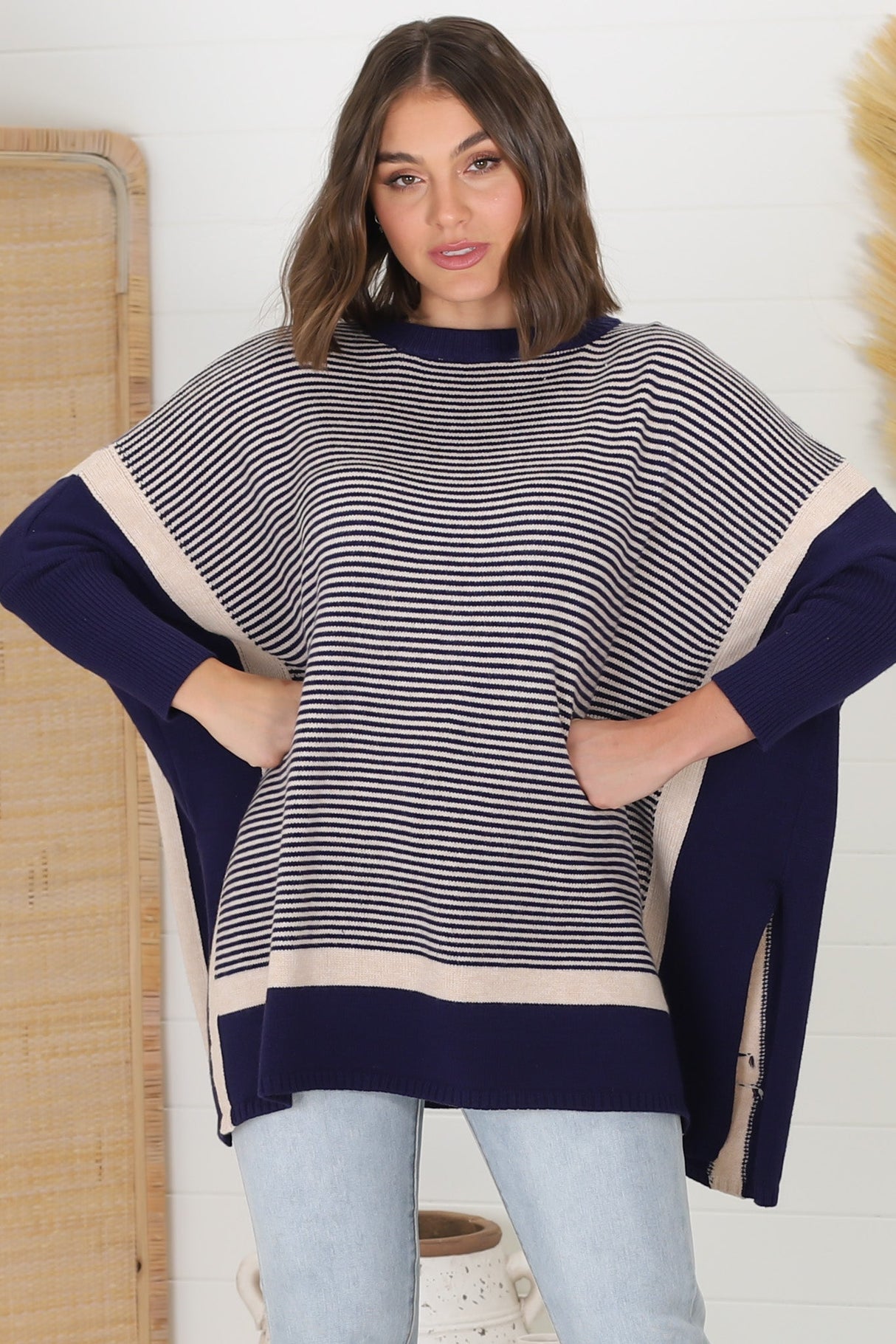 Dionne Jumper - Boxy Batwing Long Sleeve Jumper in Navy