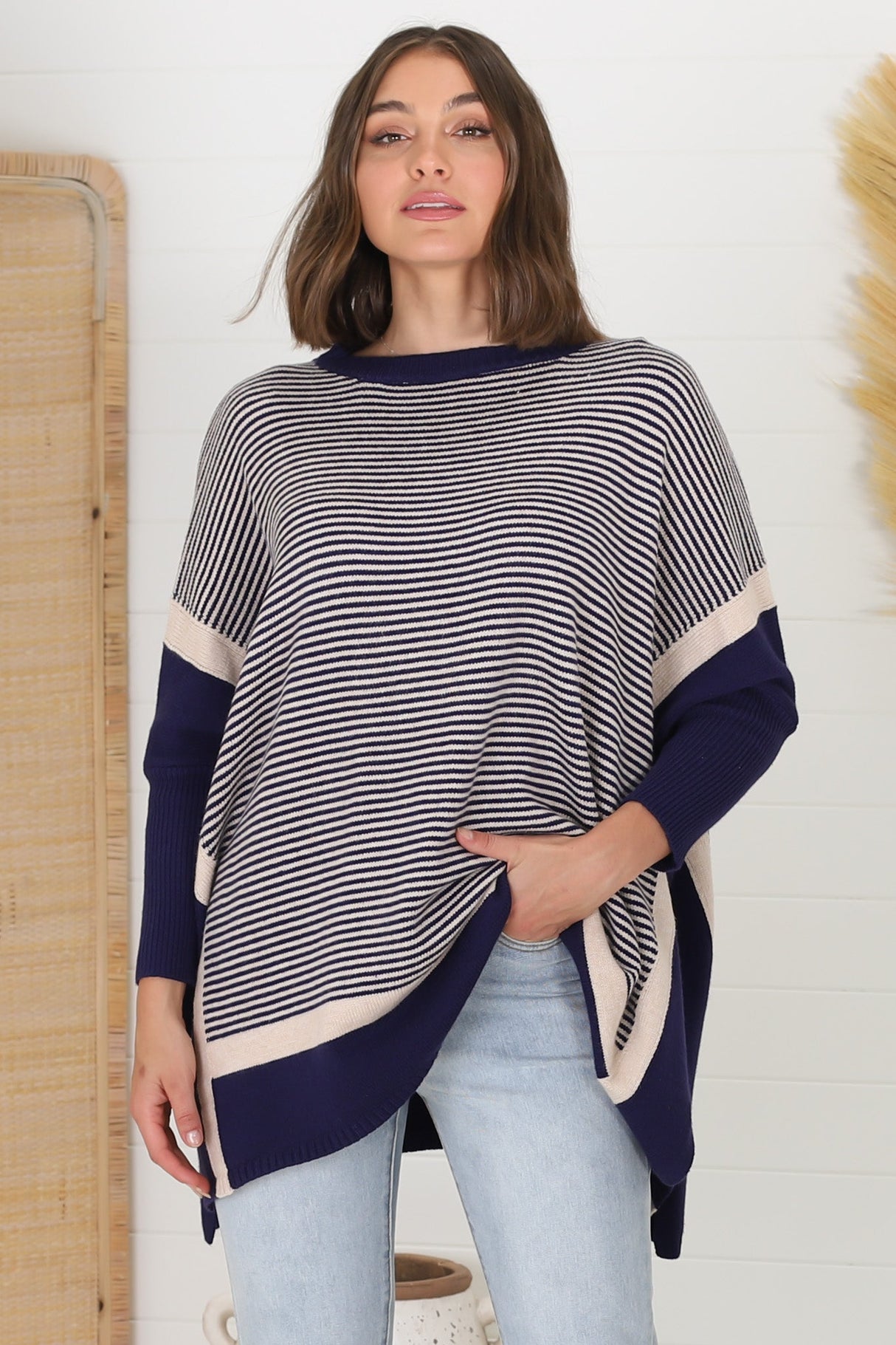 Dionne Jumper - Boxy Batwing Long Sleeve Jumper in Navy