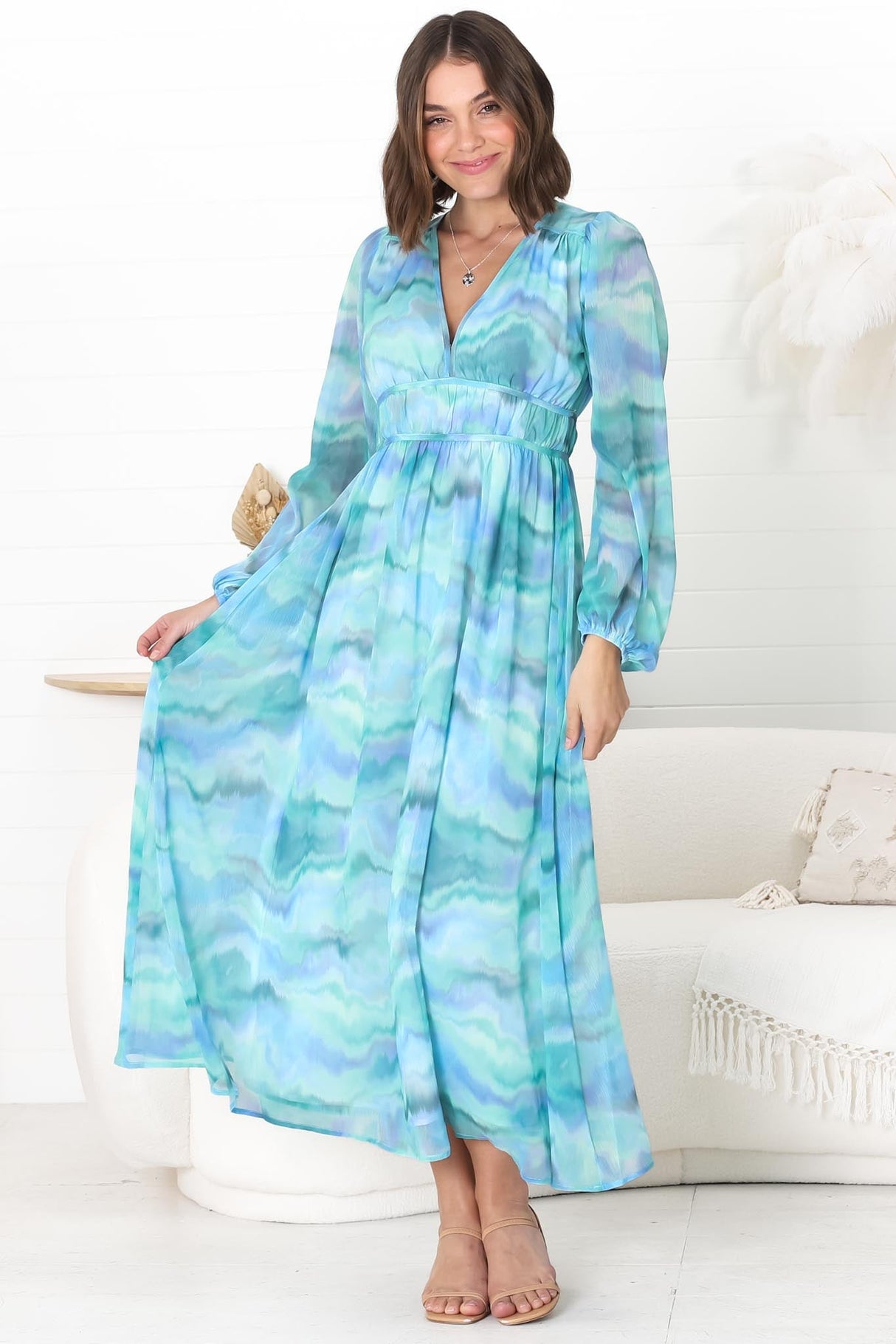 Helia Midi Dress - V Neck A Line Dress with Cinched Waist in Leilah Print Blue