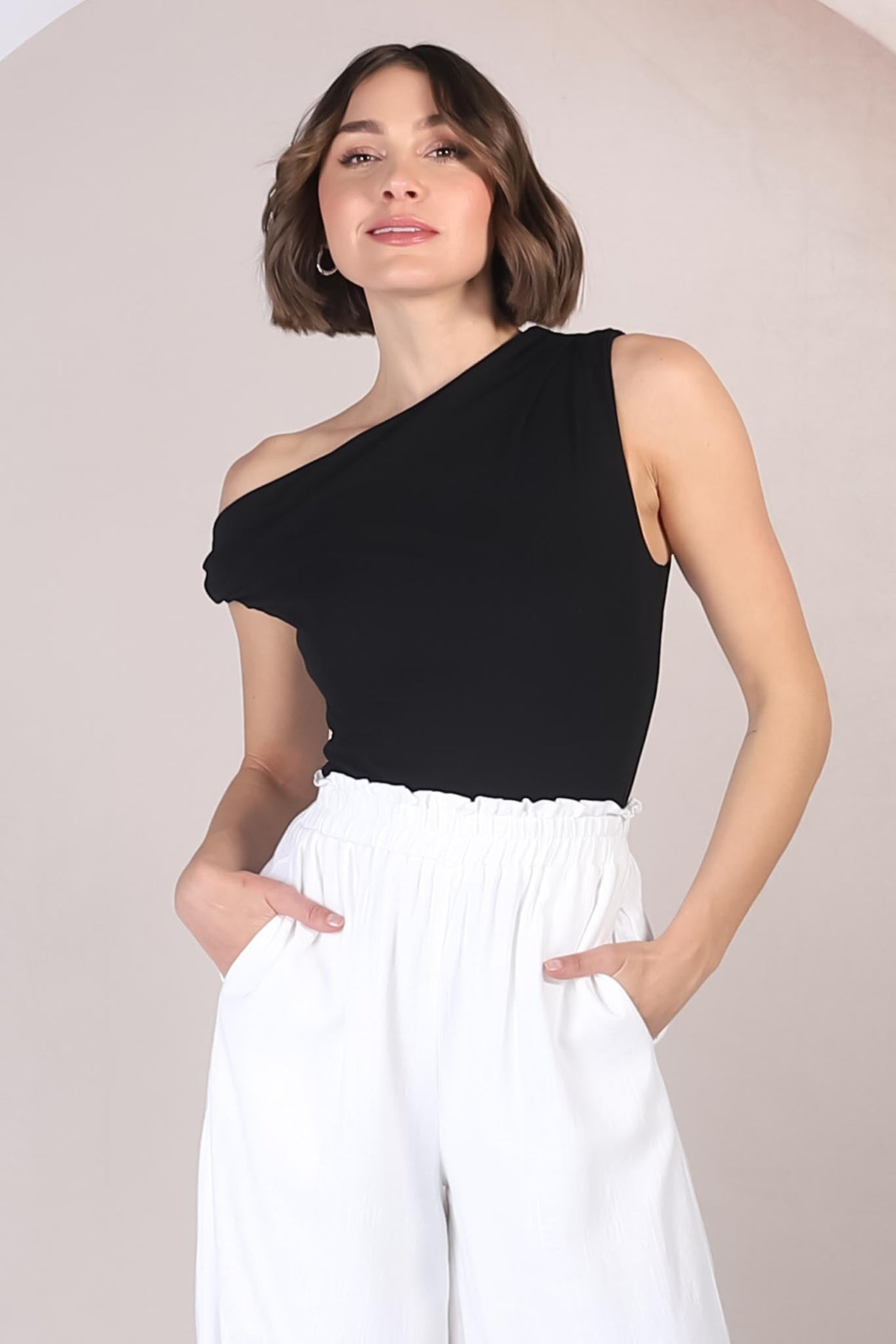 Cassie Top - Aysmmetric Neckline One Shoulder Knit Top in Black