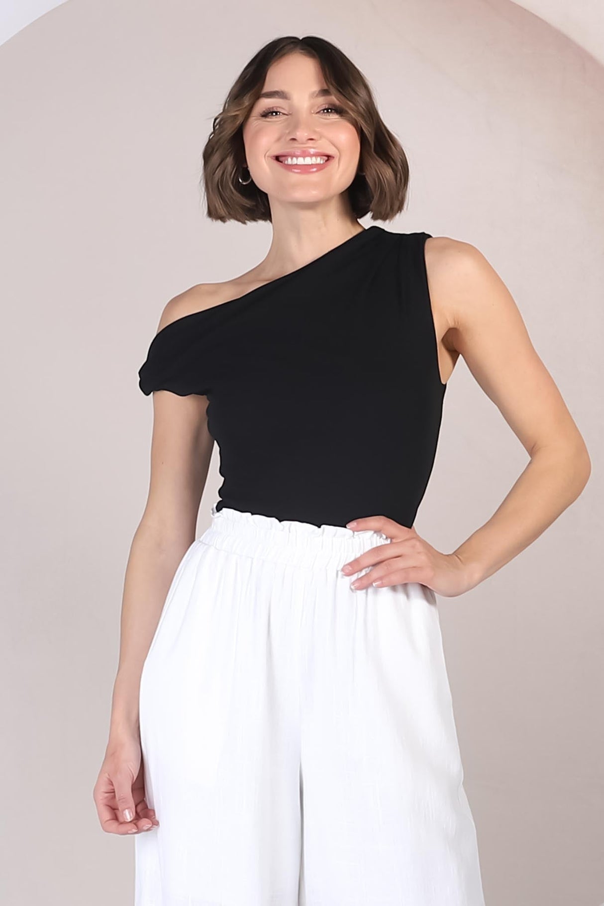 Cassie Top - Aysmmetric Neckline One Shoulder Knit Top in Black