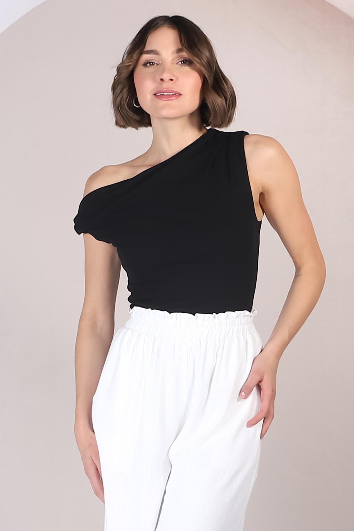 Cassie Top - Aysmmetric Neckline One Shoulder Knit Top in Black