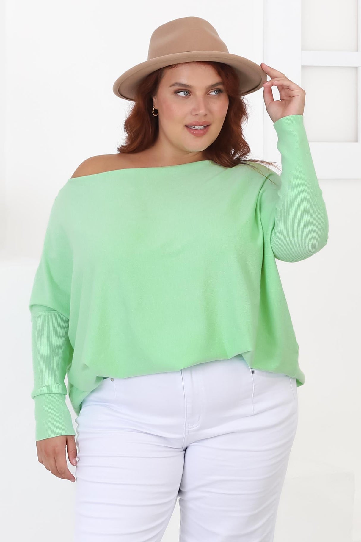 Belinda Knit Top - Boat Neckline Boxy Batwing Top in Light Green