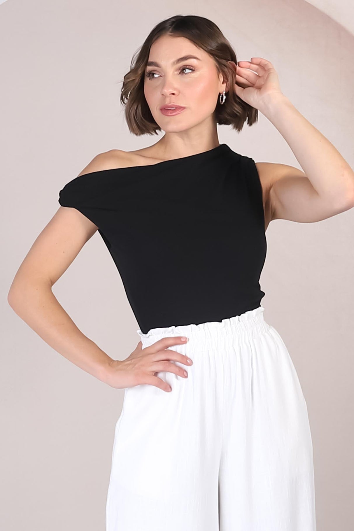 Cassie Top - Aysmmetric Neckline One Shoulder Knit Top in Black