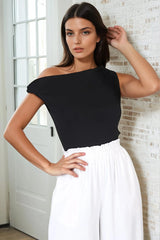 Cassie Top - Aysmmetric Neckline One Shoulder Knit Top in Black