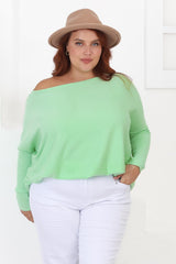 Belinda Knit Top - Boat Neckline Boxy Batwing Top in Light Green