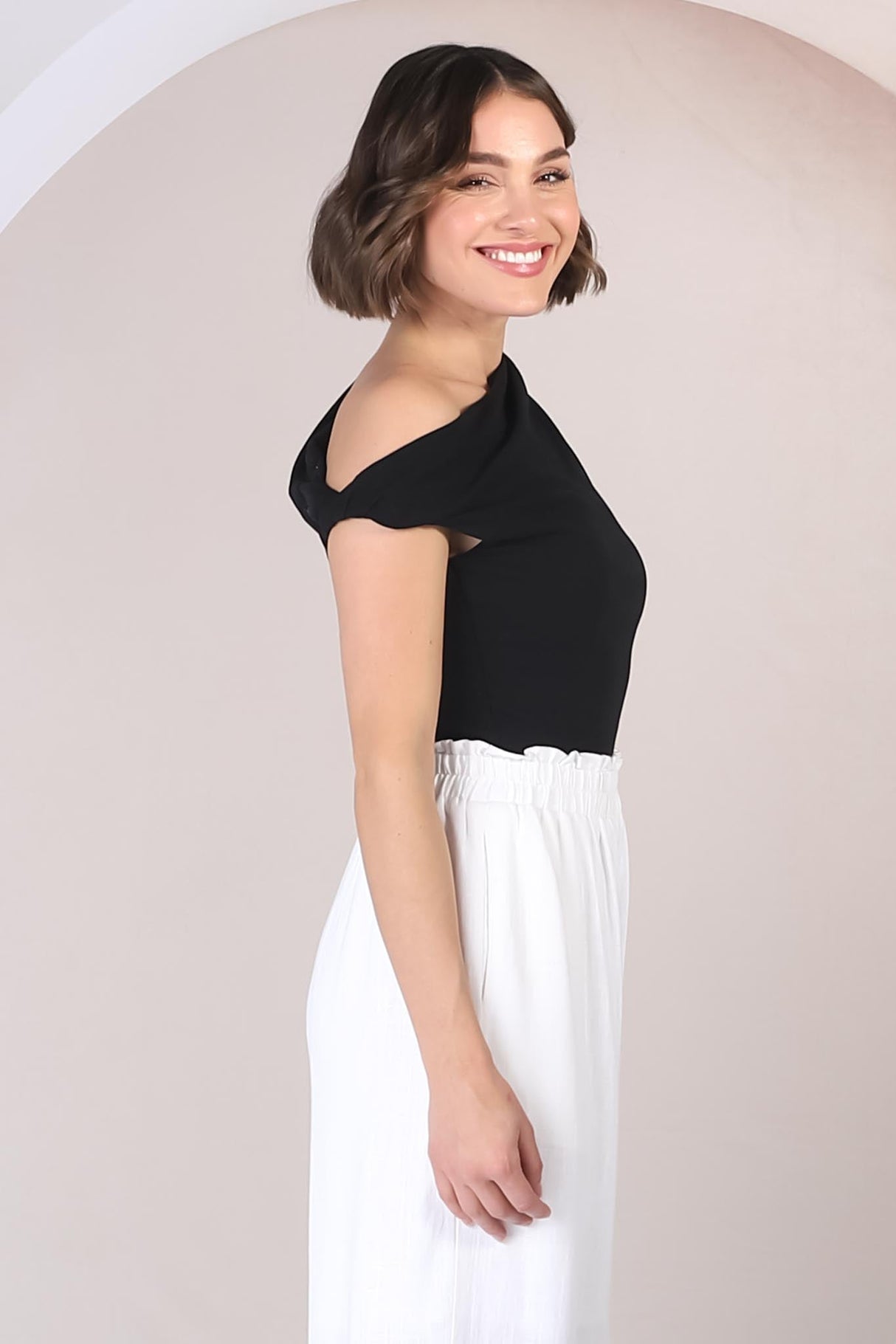 Cassie Top - Aysmmetric Neckline One Shoulder Knit Top in Black