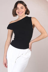 Cassie Top - Aysmmetric Neckline One Shoulder Knit Top in Black