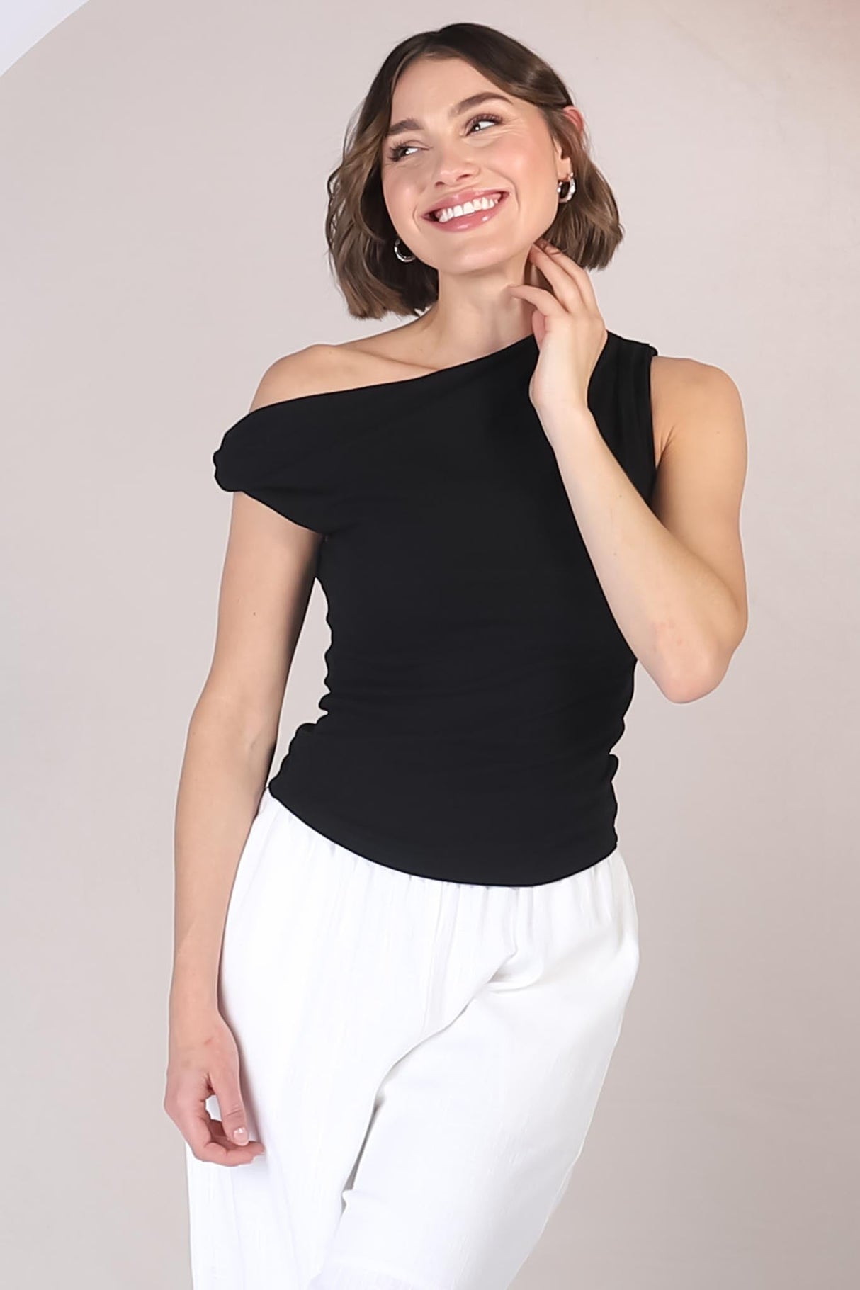 Cassie Top - Aysmmetric Neckline One Shoulder Knit Top in Black