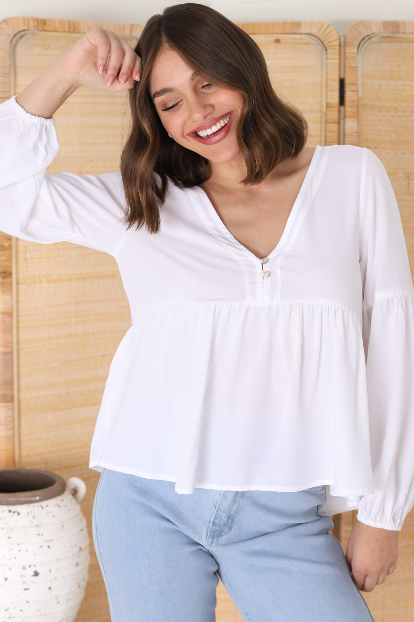 Grace Top - V-Neck Button Decal Long Sleeve Smock Top in White