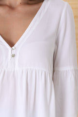 Grace Top - V-Neck Button Decal Long Sleeve Smock Top in White