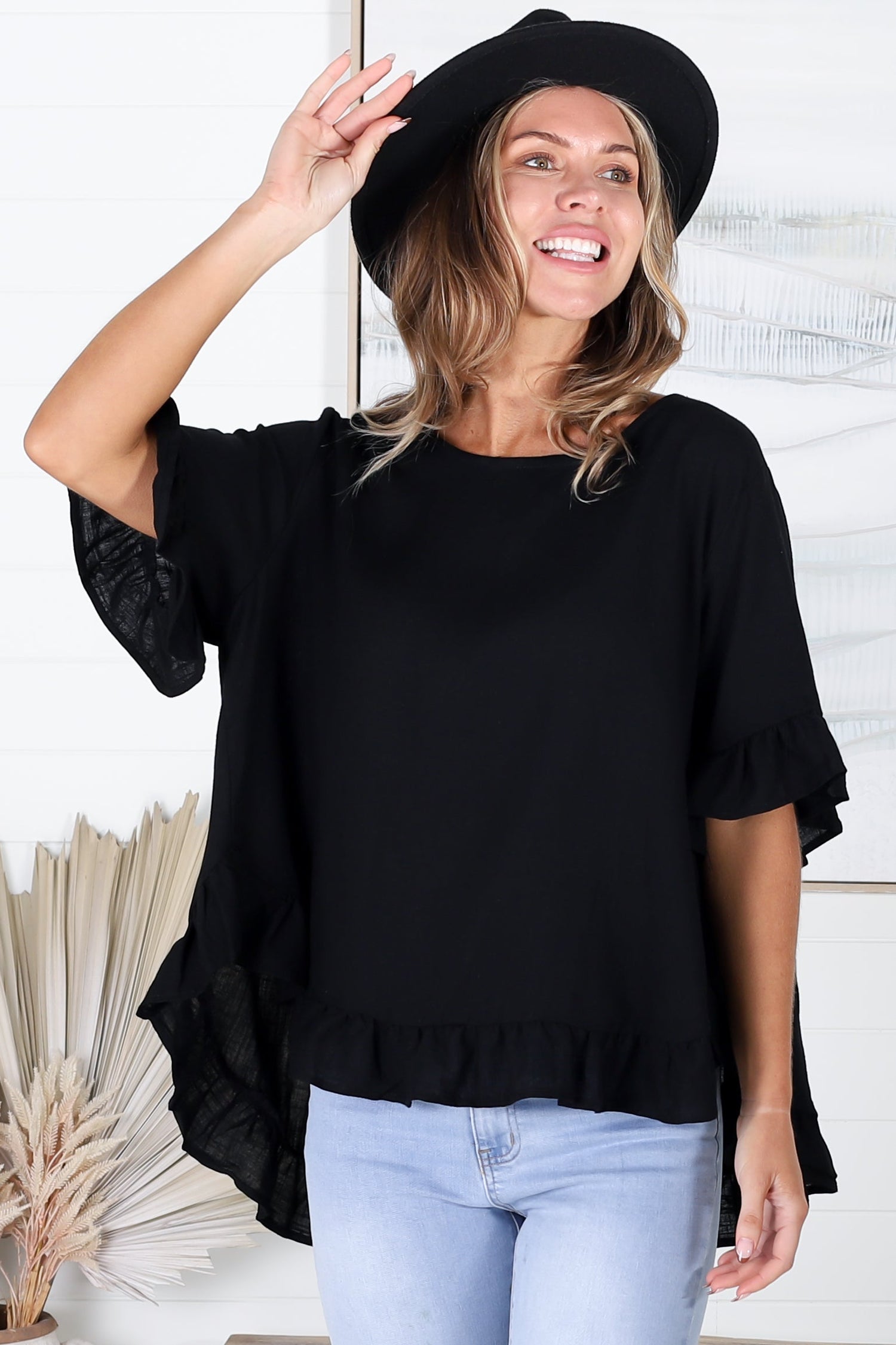 Alyx Blouse - Frill Detailed High Low Relaxed Pull Over Blouse in Black