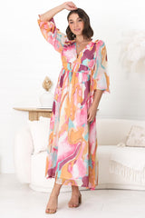 Helia Midi Dress - V Neck A Line Dress with Cinched Waist in Hanna Print Pink