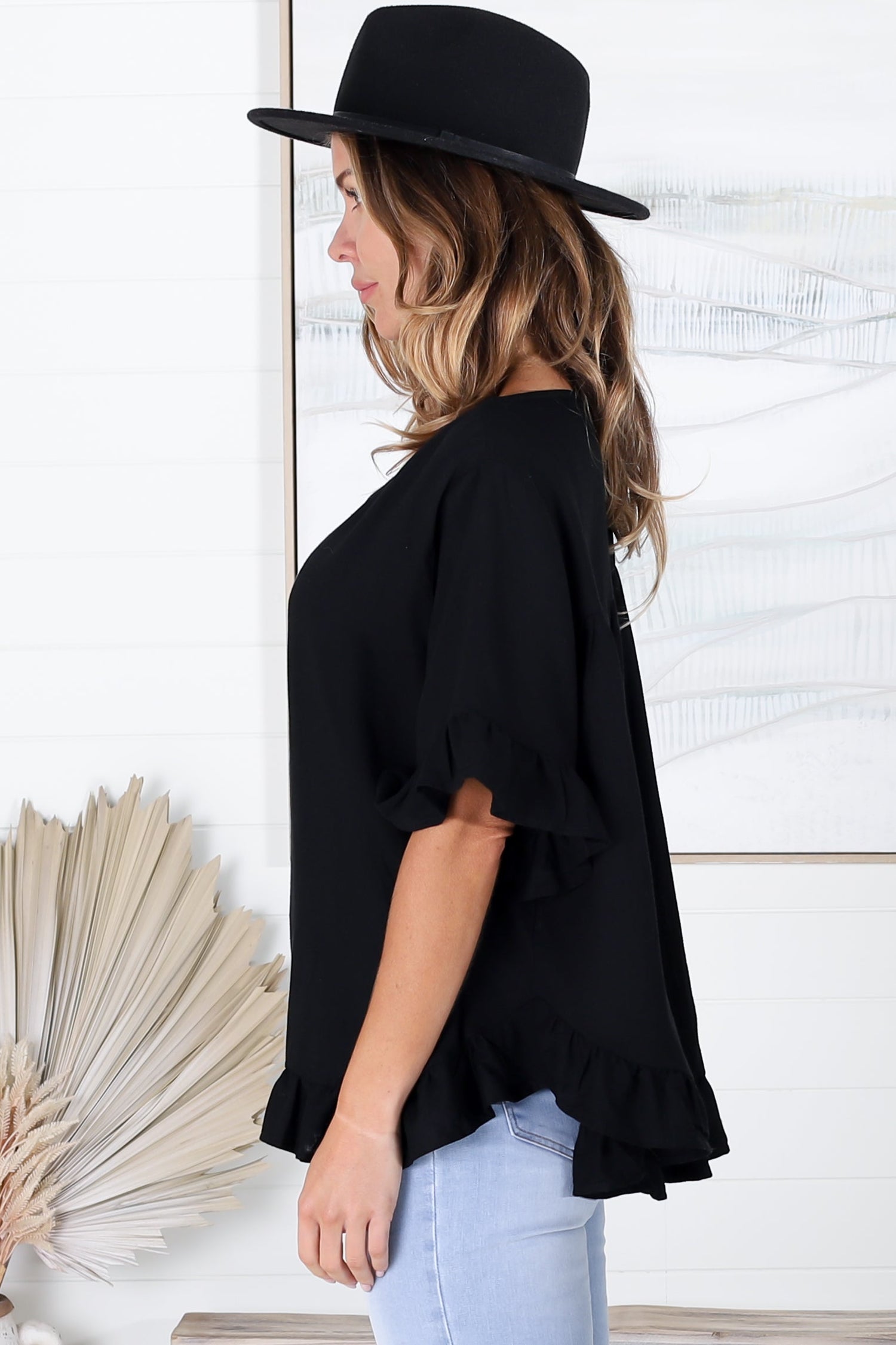 Alyx Blouse - Frill Detailed High Low Relaxed Pull Over Blouse in Black