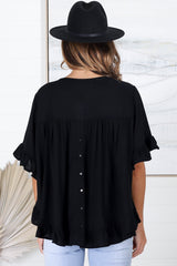 Alyx Blouse - Frill Detailed High Low Relaxed Pull Over Blouse in Black