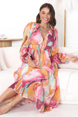 Helia Midi Dress - V Neck A Line Dress with Cinched Waist in Hanna Print Pink