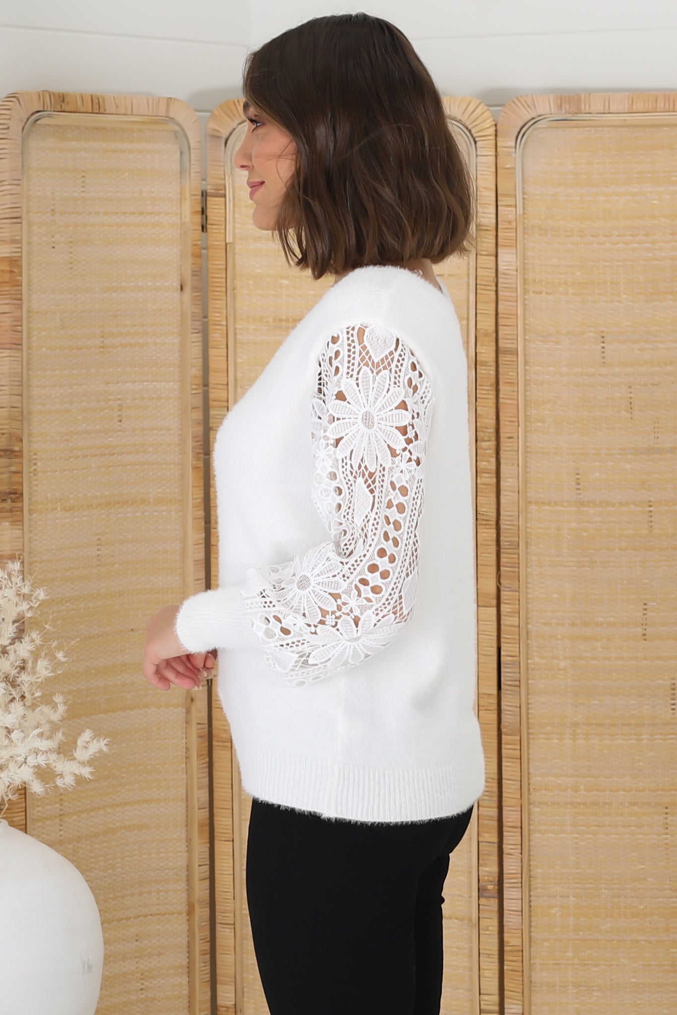 Romina Jumper - V Neck Lace Sleeve Jumper in White