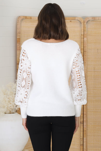 Romina Jumper - V Neck Lace Sleeve Jumper in White