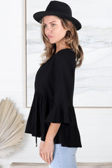 Sandy Top - Crochet Neckline Buttoned Bodice Flare Sleeve Smock Top in Black