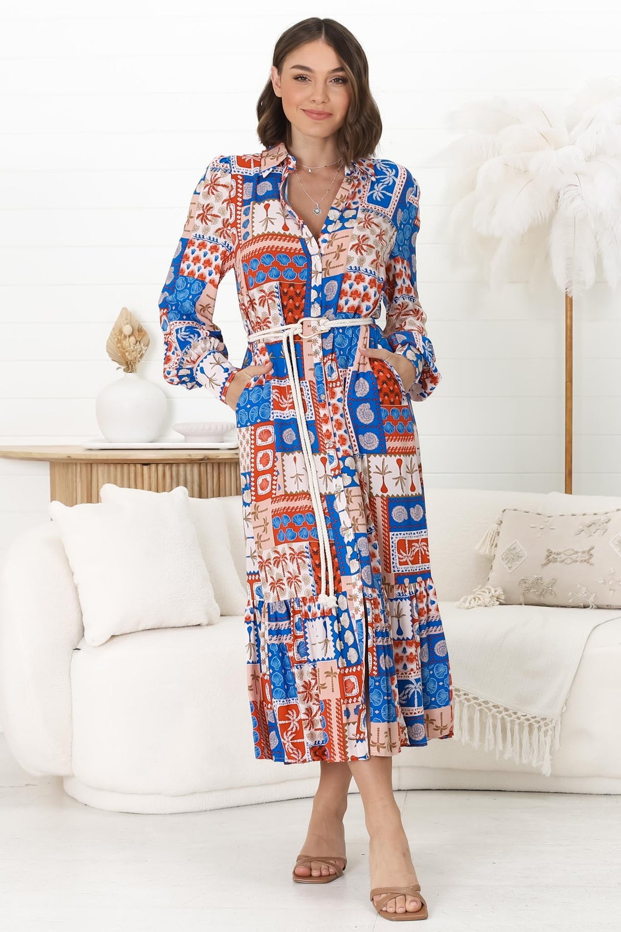 Thaya Maxi Dress - Collared Shirt Dress with Rope Belt in Odara Print