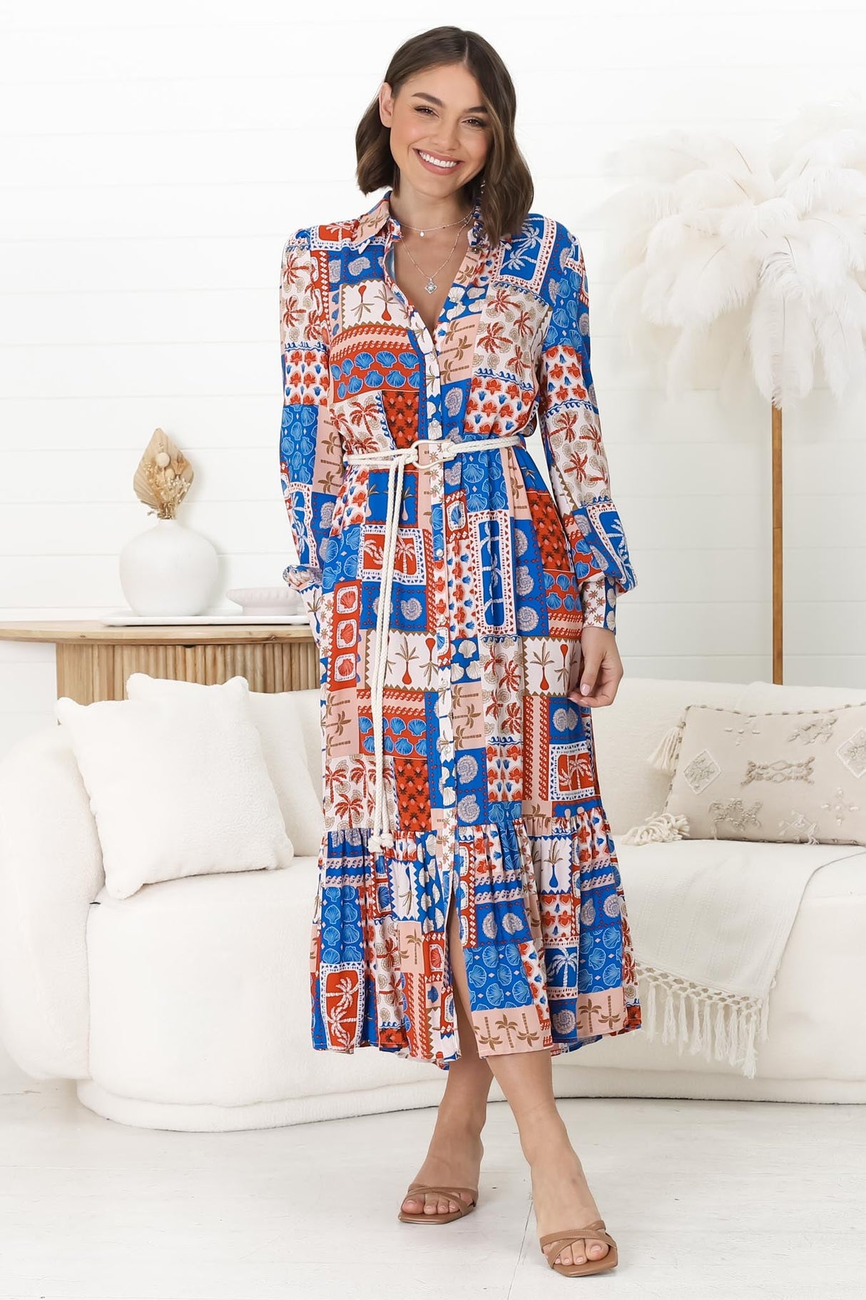 Thaya Maxi Dress - Collared Shirt Dress with Rope Belt in Odara Print