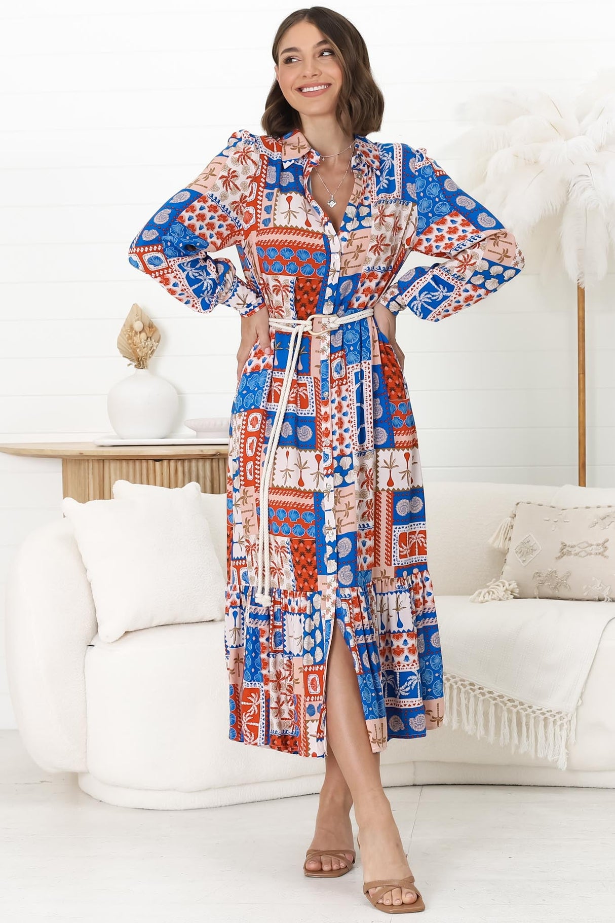 Thaya Maxi Dress - Collared Shirt Dress with Rope Belt in Odara Print