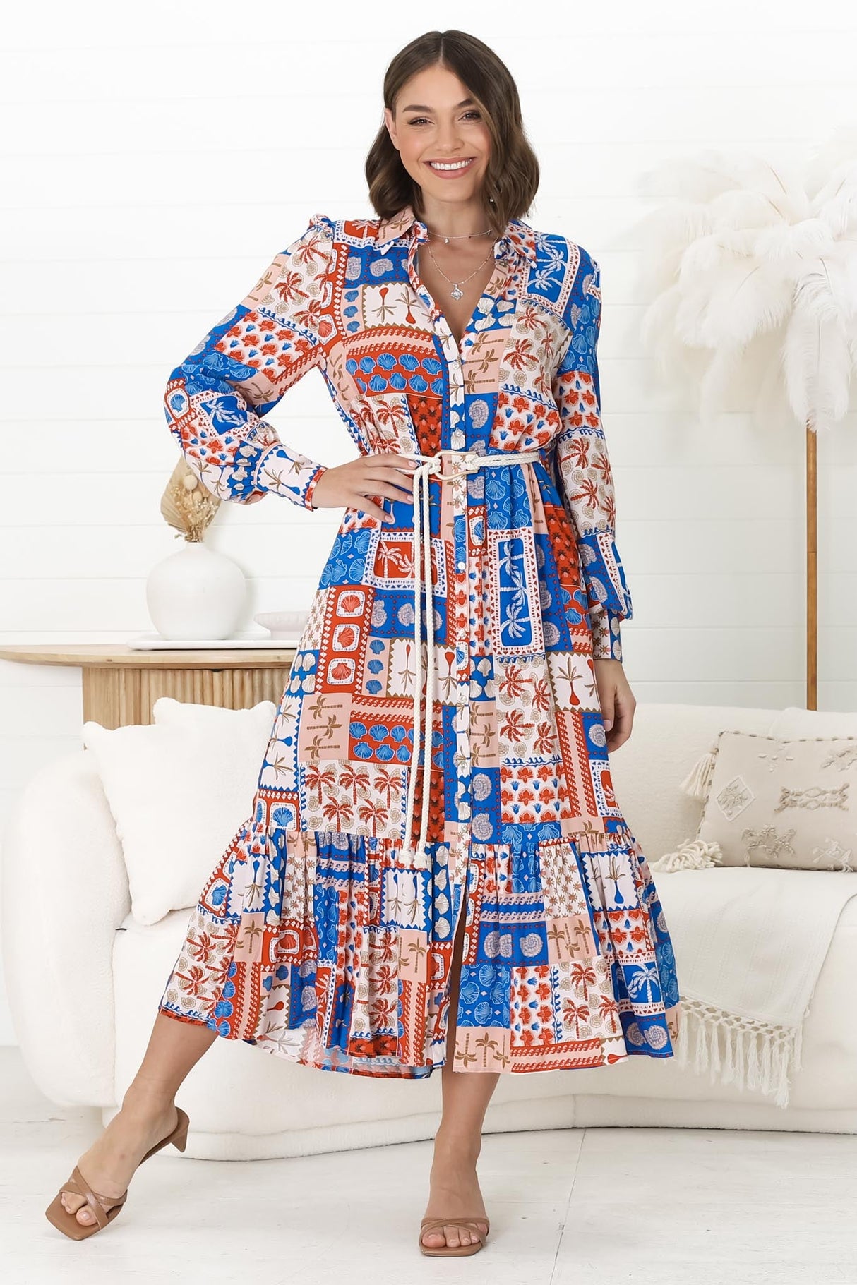 Thaya Maxi Dress - Collared Shirt Dress with Rope Belt in Odara Print