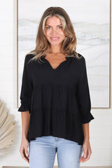 Greta Top - Mandarin Collar Smock Top Black