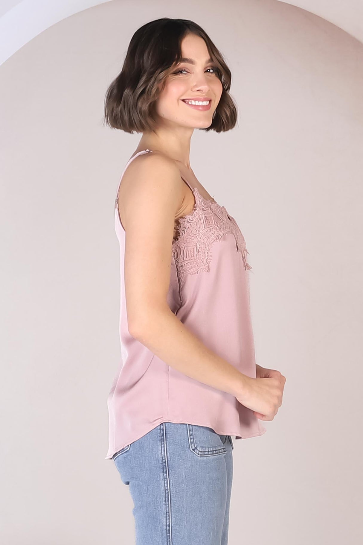 Hazel Top - Lace V Neckline Camisole with Adjustable Straps in Blush