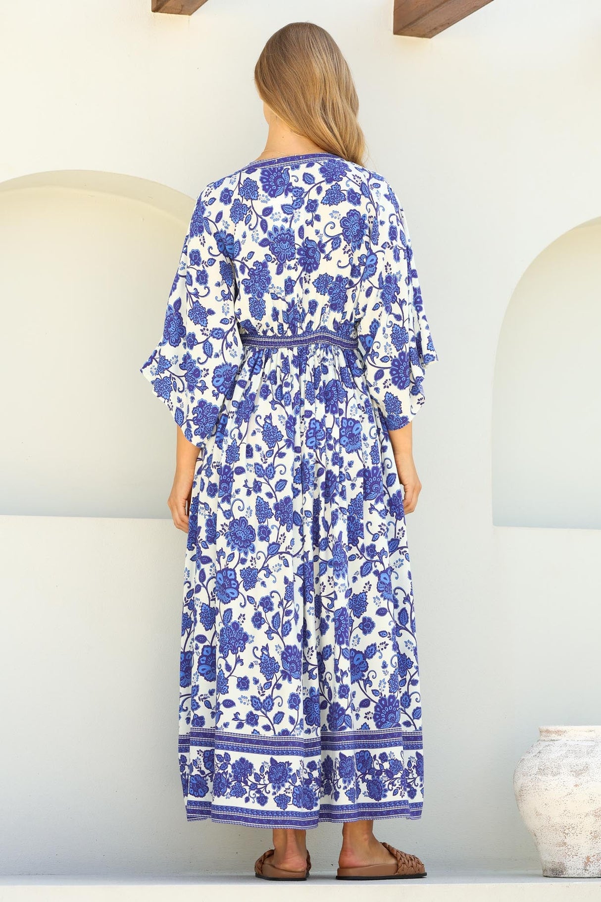 Zelle Maxi Dress - V Neck Batwing Sleeve Dress with Side Splits in Kailin Print Blue