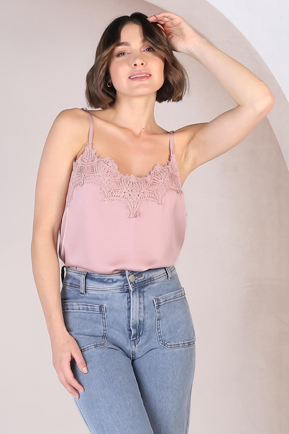 Hazel Top - Lace V Neckline Camisole with Adjustable Straps in Blush