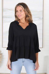 Greta Top - Mandarin Collar Smock Top Black