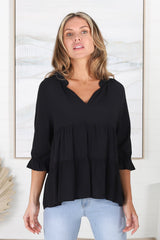 Greta Top - Mandarin Collar Smock Top Black