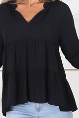 Greta Top - Mandarin Collar Smock Top Black