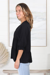 Greta Top - Mandarin Collar Smock Top Black