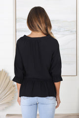 Greta Top - Mandarin Collar Smock Top Black