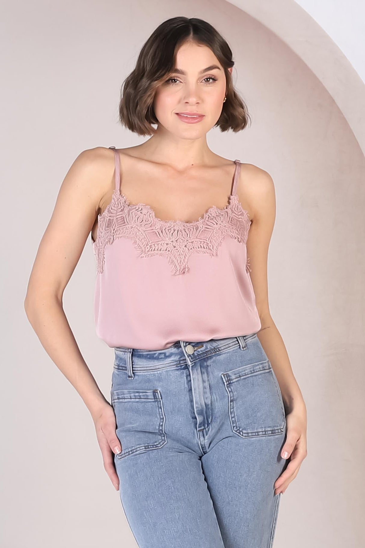 Hazel Top - Lace V Neckline Camisole with Adjustable Straps in Blush