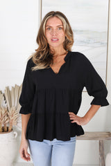 Greta Top - Mandarin Collar Smock Top Black