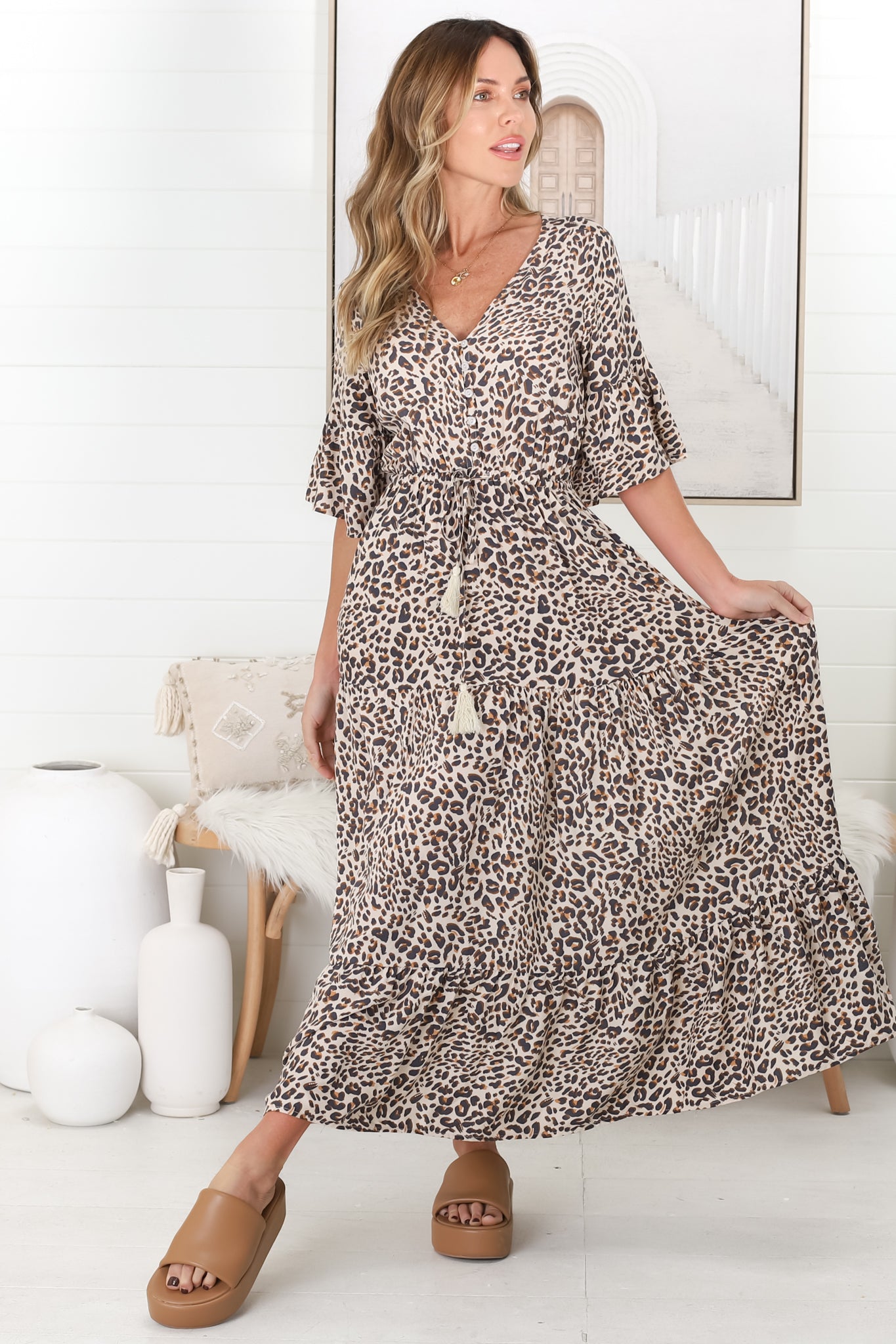 Rae Maxi Dress - Buttoned Bodice Pull Waist A Line Dress in Perrie Print