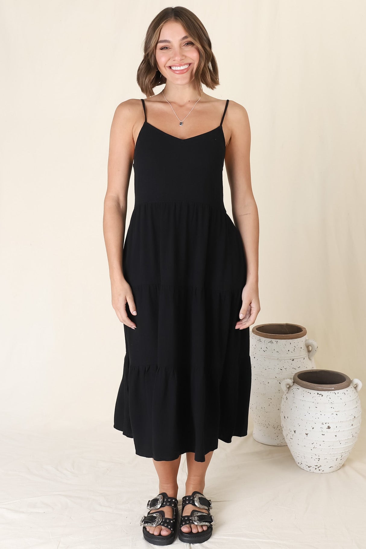 Arlowe Midi Dress - Soft V Neckline Tiered Linen Sun Dress in Black