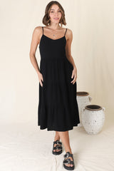 Arlowe Midi Dress - Soft V Neckline Tiered Linen Sun Dress in Black