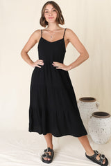 Arlowe Midi Dress - Soft V Neckline Tiered Linen Sun Dress in Black