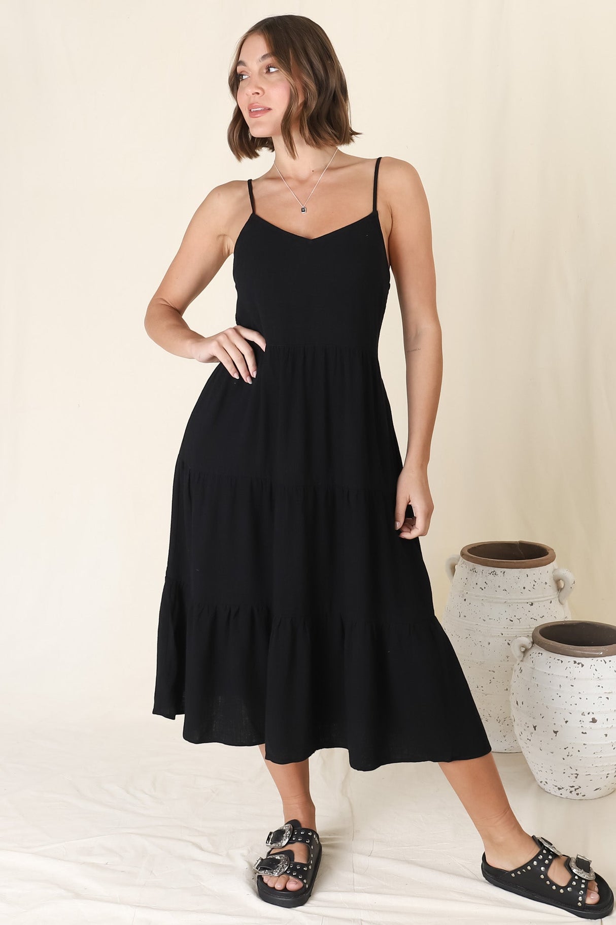 Arlowe Midi Dress - Soft V Neckline Tiered Linen Sun Dress in Black