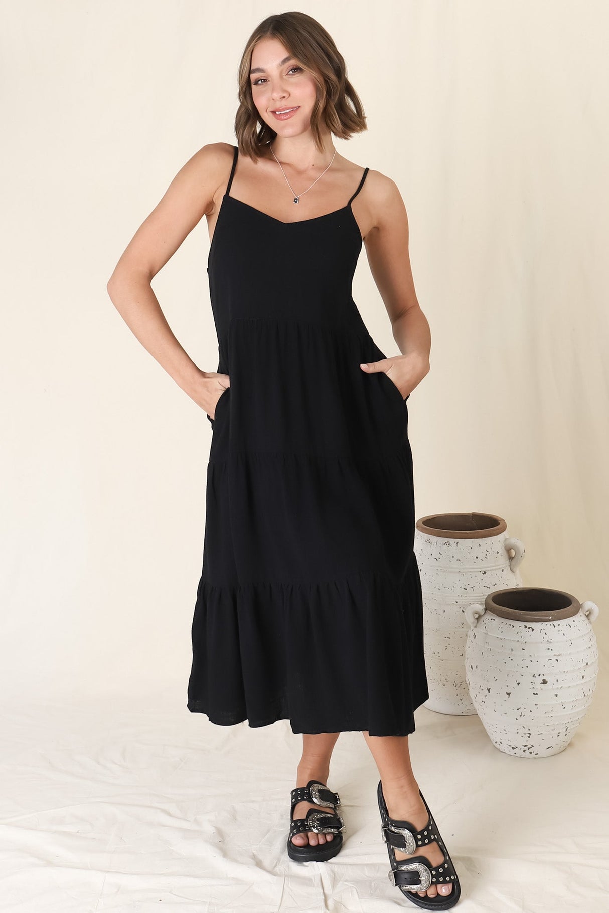 Arlowe Midi Dress - Soft V Neckline Tiered Linen Sun Dress in Black