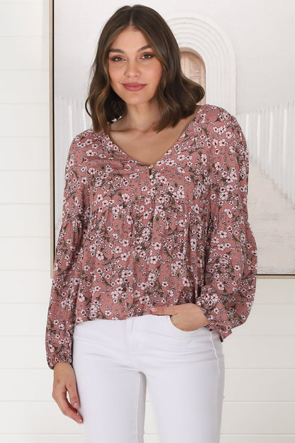 Grace Top - V-Neck Button Decal Long Sleeve Smock Top in Alayna Print Rose