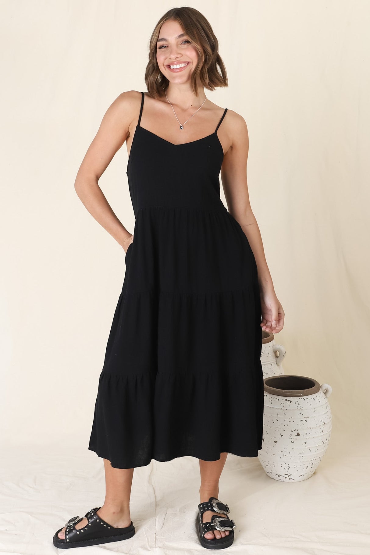 Arlowe Midi Dress - Soft V Neckline Tiered Linen Sun Dress in Black