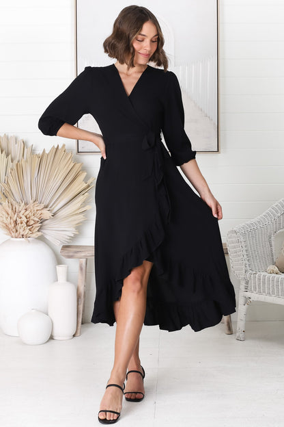 Odilah Midi Dress - 3/4 Sleeve Wrap Dress in Black