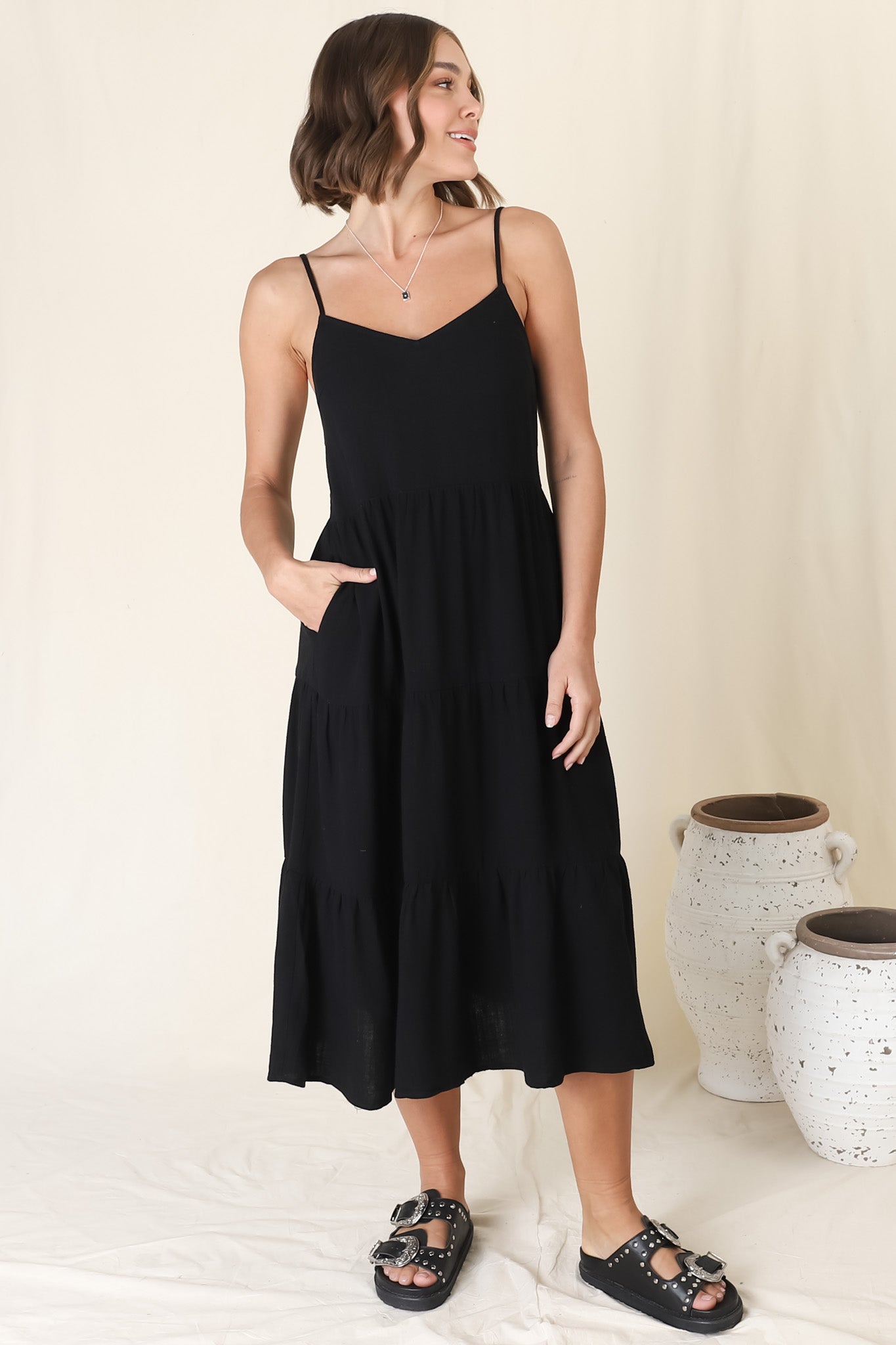 Arlowe Midi Dress - Soft V Neckline Tiered Linen Sun Dress in Black
